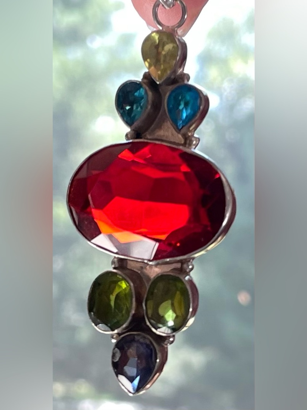 Multicolor Gemstone Drop Sterling Silver Necklace Pendant - Vibrant Red Center